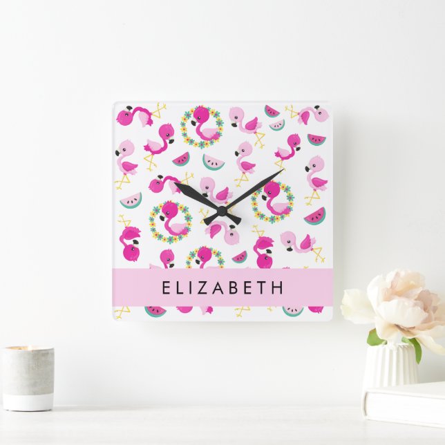Tropical Pattern, Flamingos, Flowers, Your Name Square Wall Clock (Home)