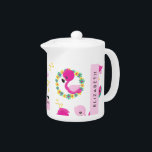 Tropical Pattern, Flamingos, Flowers, Your Name Teapot<br><div class="desc">Cute, fun and adorable pattern with flamingos, watermelons and flowers. Modern and trendy gift, perfect for the flamingo lover in your life. Personalize by adding your name, nickname, monogram or initials.</div>