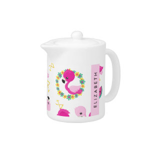 Tropical Pattern, Flamingos, Flowers, Your Name Teapot