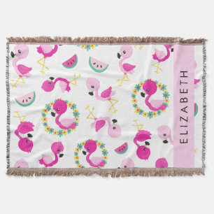Tropical Pattern, Flamingos, Flowers, Your Name Throw Blanket