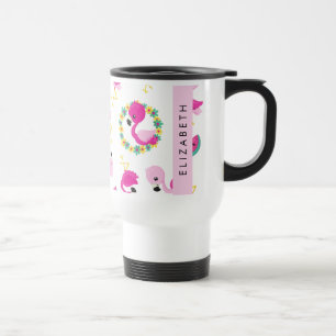 Tropical Pattern, Flamingos, Flowers, Your Name Travel Mug