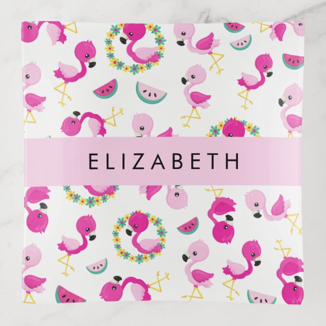 Tropical Pattern, Flamingos, Flowers, Your Name Trinket Tray (Front)