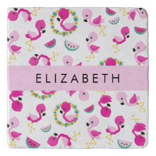 Tropical Pattern, Flamingos, Flowers, Your Name Trivet