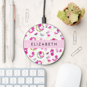 Tropical Pattern, Flamingos, Flowers, Your Name Wireless Charger