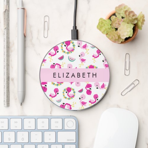 Tropical Pattern Flamingos Flowers Your Name Wireless Charger