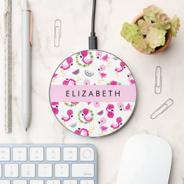 Tropical Pattern, Flamingos, Flowers, Your Name Wireless Charger (Desk)