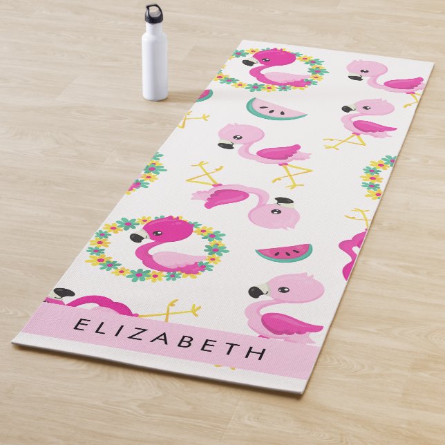 Tropical Pattern, Flamingos, Flowers, Your Name Yoga Mat (In Situ)