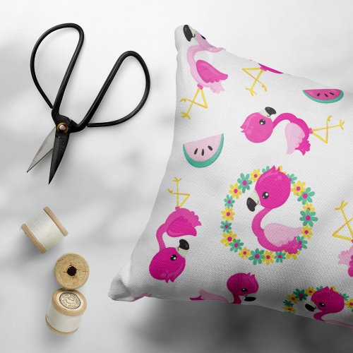 Tropical Pattern Flamingos Watermelons Flowers Accent Pillow