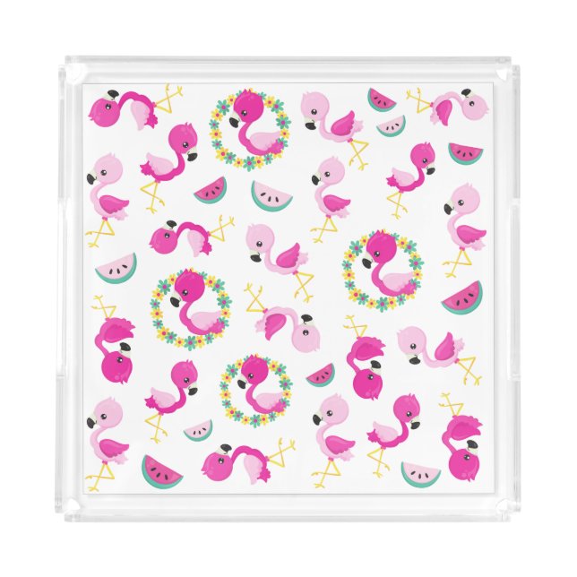 Tropical Pattern, Flamingos, Watermelons, Flowers Acrylic Tray (Front)