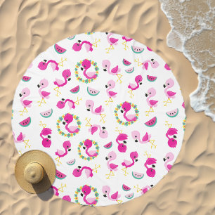 Tropical Pattern, Flamingos, Watermelons, Flowers Beach Towel