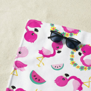 Tropical Pattern, Flamingos, Watermelons, Flowers Beach Towel