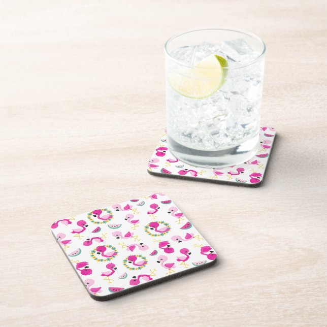 Tropical Pattern, Flamingos, Watermelons, Flowers Beverage Coaster (Right Side)