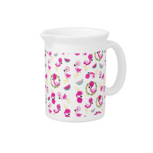 Tropical Pattern, Flamingos, Watermelons, Flowers Beverage Pitcher