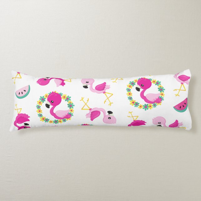 Tropical Pattern, Flamingos, Watermelons, Flowers Body Pillow (Front)