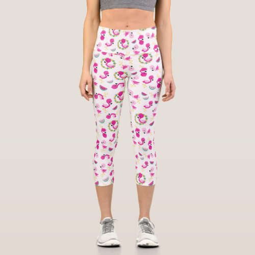 Tropical Pattern Flamingos Watermelons Flowers Capri Leggings