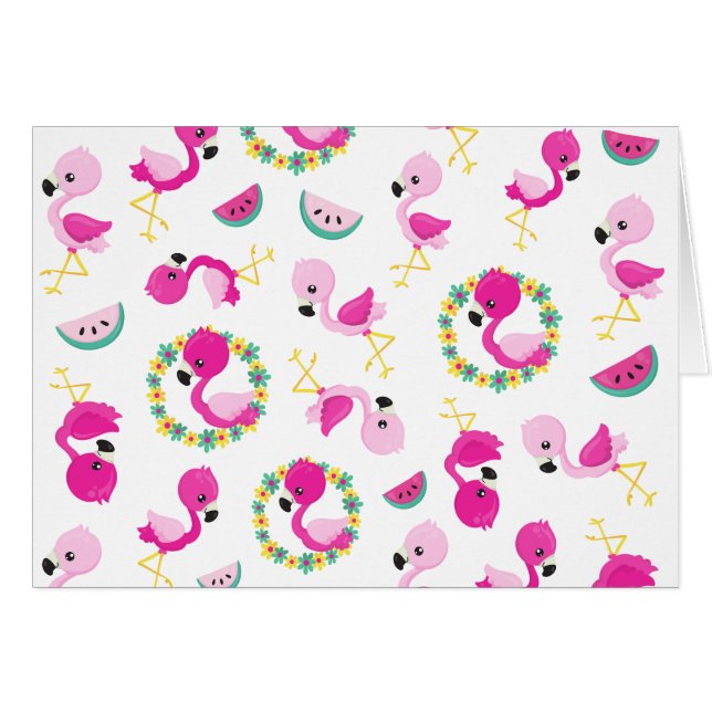 Tropical Pattern, Flamingos, Watermelons, Flowers Cards (Front Horizontal)