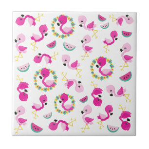 Tropical Pattern, Flamingos, Watermelons, Flowers Ceramic Tile