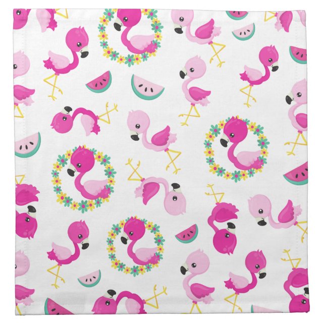 Tropical Pattern, Flamingos, Watermelons, Flowers Cloth Napkin (Front)