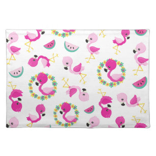 Tropical Pattern, Flamingos, Watermelons, Flowers Cloth Placemat