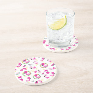 Tropical Pattern, Flamingos, Watermelons, Flowers Coaster