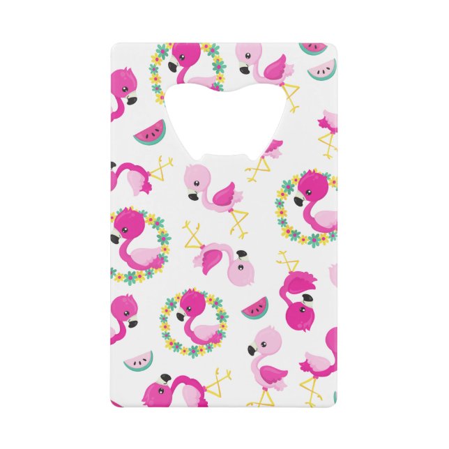 Tropical Pattern, Flamingos, Watermelons, Flowers Credit Card Bottle Opener (Front)