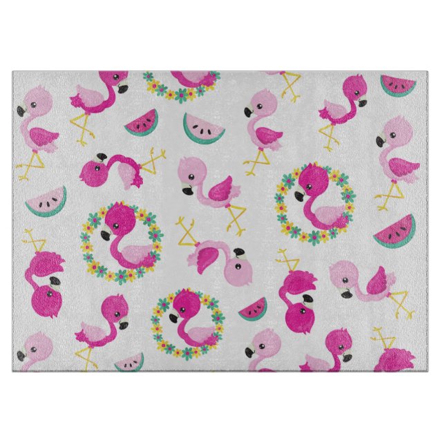 Tropical Pattern, Flamingos, Watermelons, Flowers Cutting Board (Front)