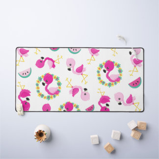 Tropical Pattern, Flamingos, Watermelons, Flowers Desk Mat