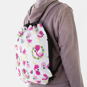Tropical Pattern, Flamingos, Watermelons, Flowers Drawstring Bag