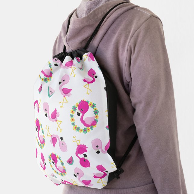 Tropical Pattern, Flamingos, Watermelons, Flowers Drawstring Bag (Insitu)