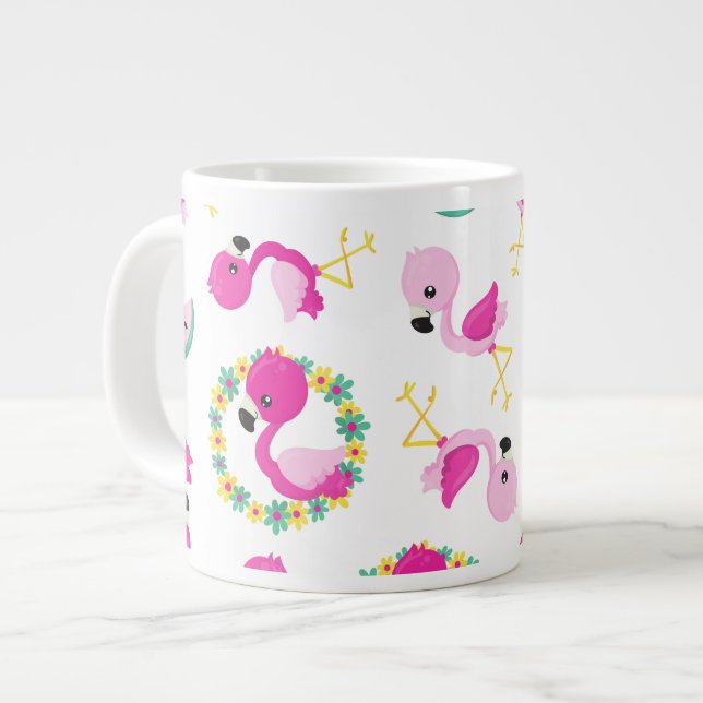 Tropical Pattern, Flamingos, Watermelons, Flowers Giant Coffee Mug (Front Left)