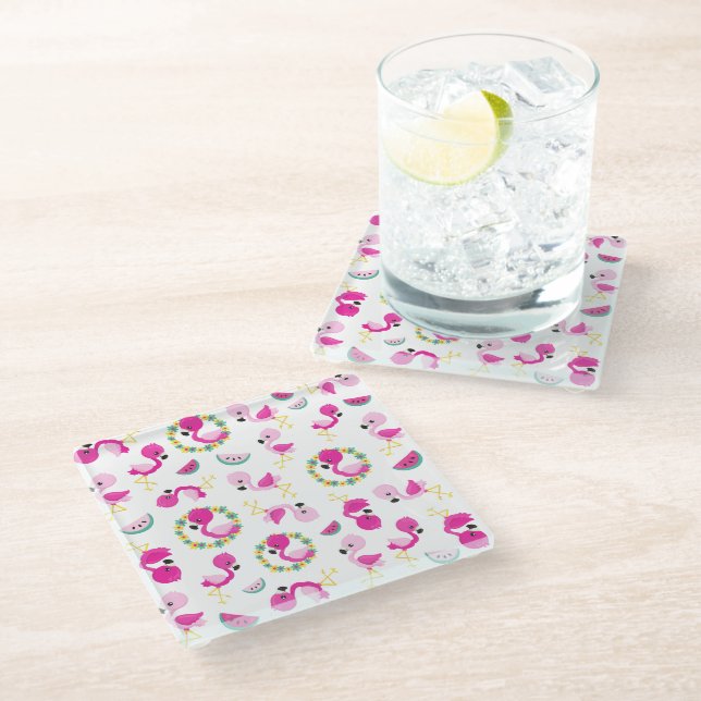 Tropical Pattern, Flamingos, Watermelons, Flowers Glass Coaster (Angled)