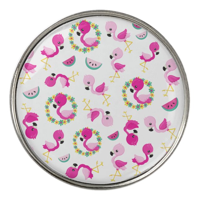Tropical Pattern, Flamingos, Watermelons, Flowers Golf Ball Marker (Front)