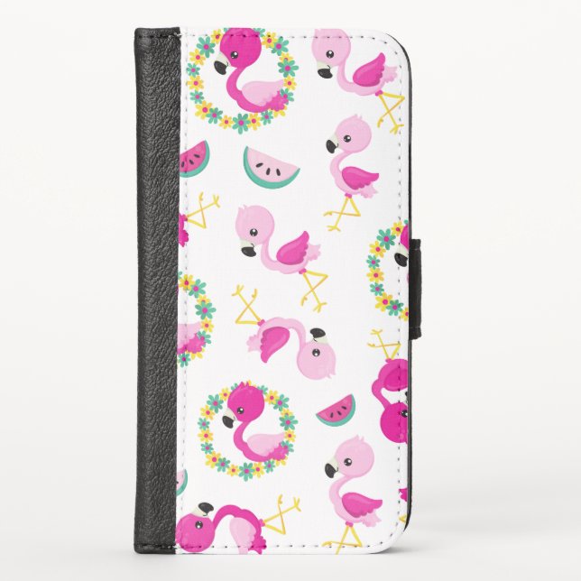 Tropical Pattern, Flamingos, Watermelons, Flowers iPhone Wallet Case (Front)