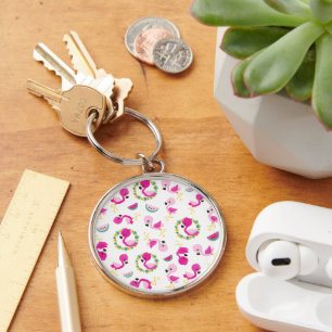 Tropical Pattern, Flamingos, Watermelons, Flowers Keychain