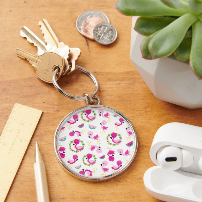 Tropical Pattern, Flamingos, Watermelons, Flowers Keychain (Desk)