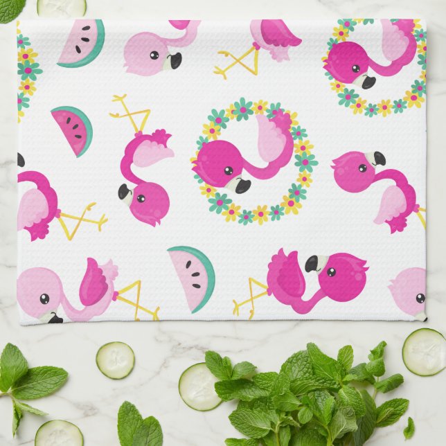 Tropical Pattern, Flamingos, Watermelons, Flowers Kitchen Towel (Folded)