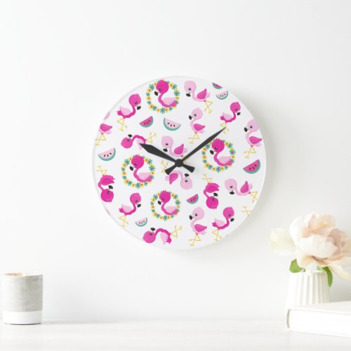 Tropical Pattern Flamingos Watermelons Flowers Large Clock