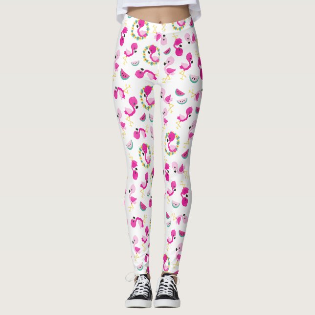 Tropical Pattern, Flamingos, Watermelons, Flowers Leggings (Front)