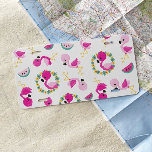 Tropical Pattern Flamingos Watermelons Flowers License Plate