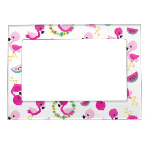 Tropical Pattern, Flamingos, Watermelons, Flowers Magnetic Frame