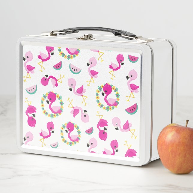 Tropical Pattern, Flamingos, Watermelons, Flowers Metal Lunch Box (In Situ)
