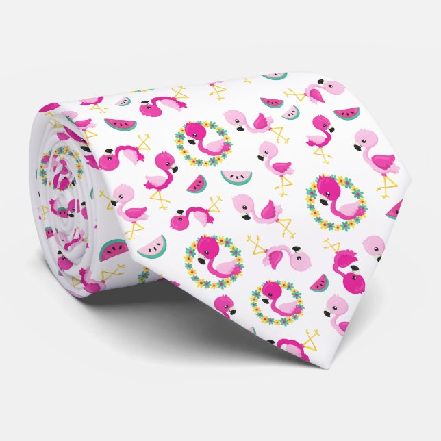 Tropical Pattern, Flamingos, Watermelons, Flowers Neck Tie (Rolled)