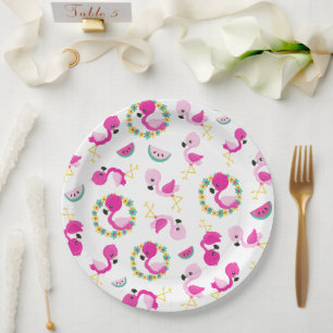 Tropical Pattern, Flamingos, Watermelons, Flowers Paper Plates