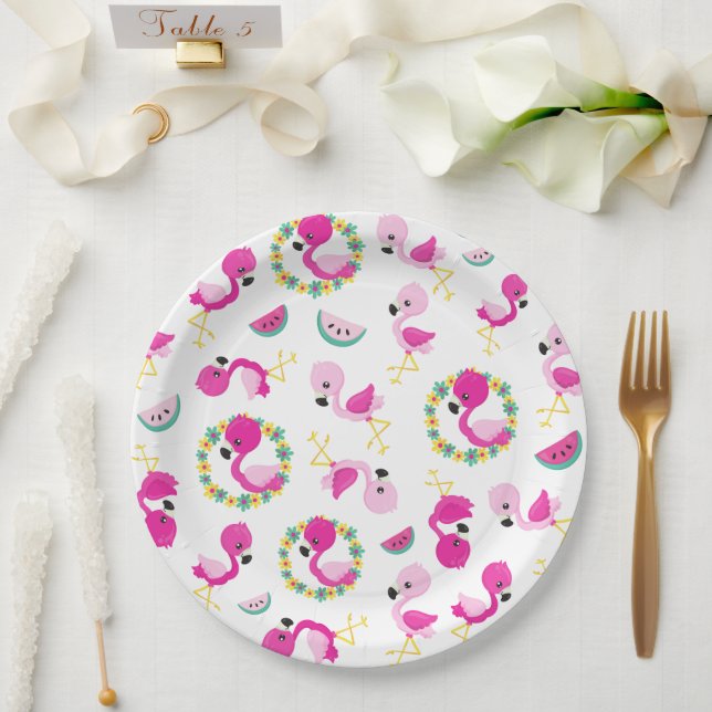 Tropical Pattern, Flamingos, Watermelons, Flowers Paper Plates (Wedding)