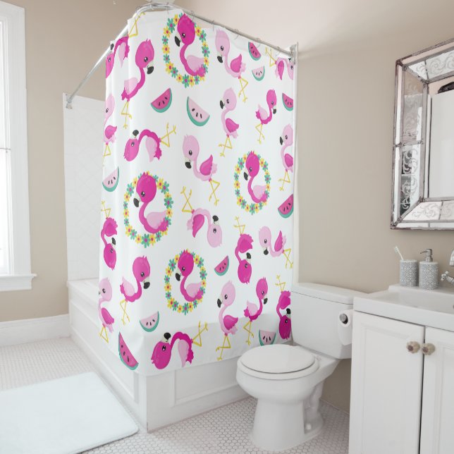 Tropical Pattern, Flamingos, Watermelons, Flowers Shower Curtain (In Situ)
