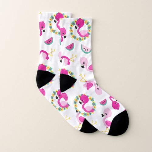 Tropical Pattern Flamingos Watermelons Flowers Socks