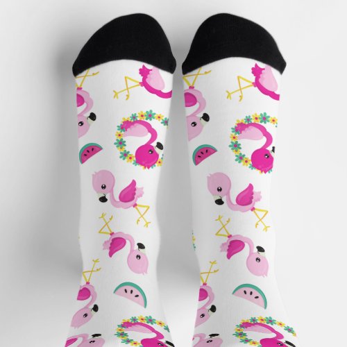 Tropical Pattern Flamingos Watermelons Flowers Socks