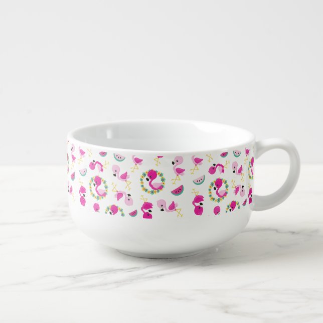 Tropical Pattern, Flamingos, Watermelons, Flowers Soup Mug (Left)