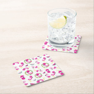 Tropical Pattern, Flamingos, Watermelons, Flowers Square Paper Coaster