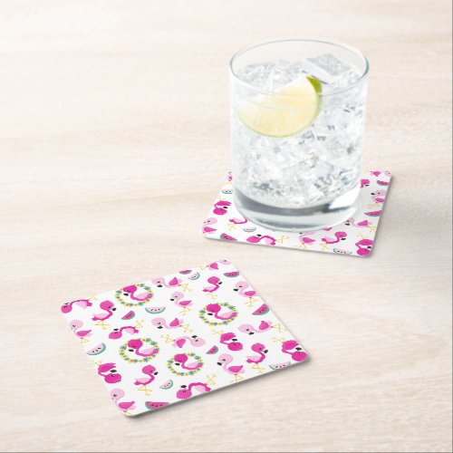 Tropical Pattern Flamingos Watermelons Flowers Square Paper Coaster